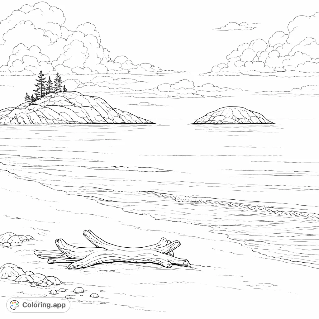 Relaxing coastal scene featuring weathered driftwood on a sandy beach, gentle waves, and distant rocky islands under a cloud-filled sky. Perfect for unwinding.