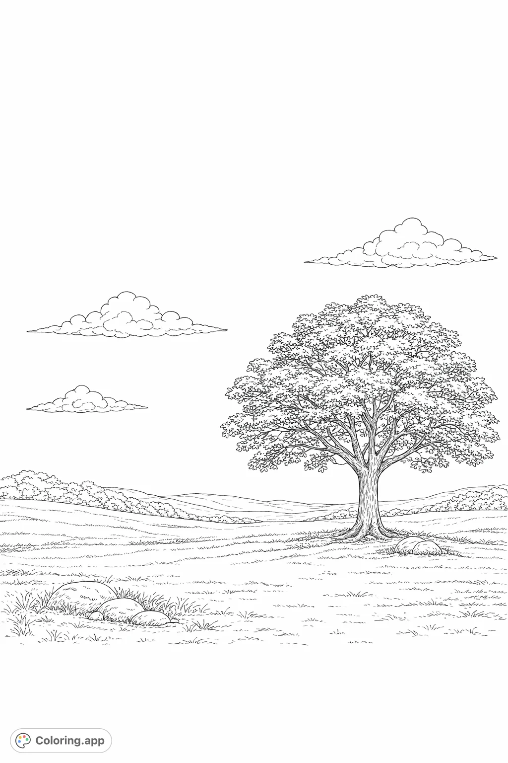Color a magnificent tree standing tall amidst a serene, expansive landscape of rolling hills and open fields, inviting a tranquil coloring experience.