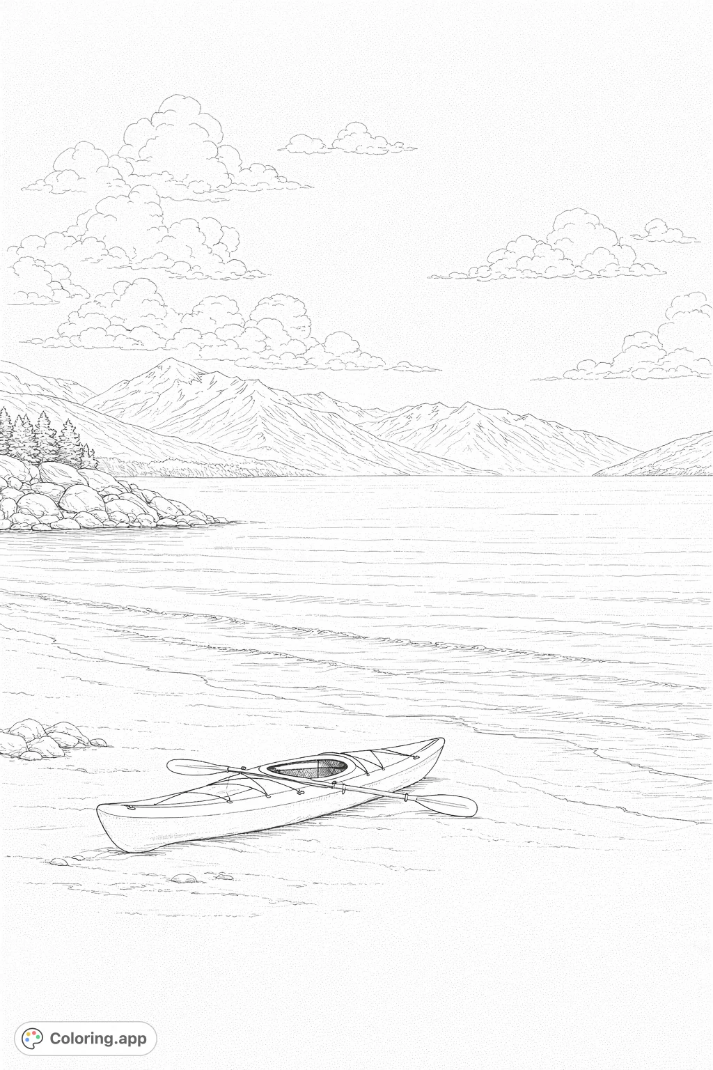 Explore a serene coastal scene with a kayak on a sandy beach, backed by majestic mountains and calm waters, offering a relaxing coloring experience.