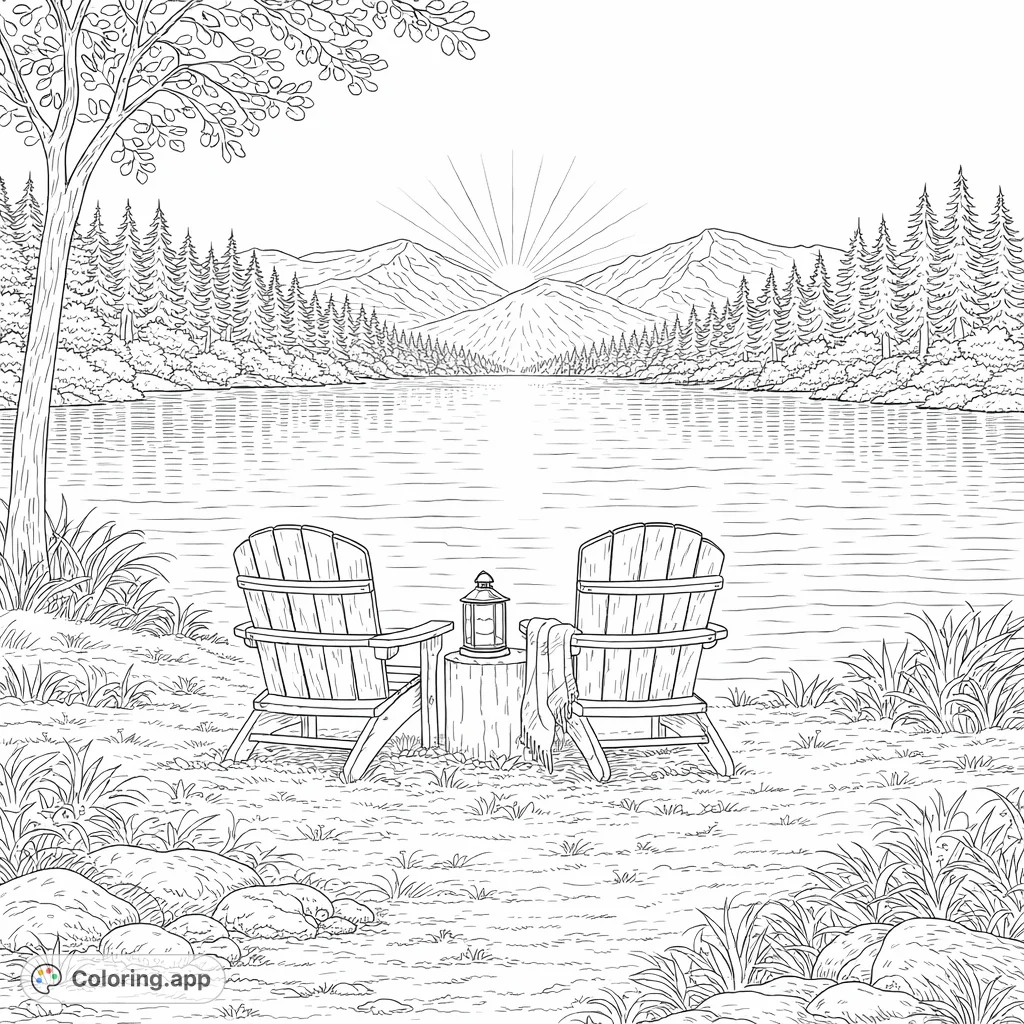 Find serenity with this detailed lakeside retreat coloring page. Features two Adirondack chairs by a calm lake, surrounded by mountains and a forest at sunrise.