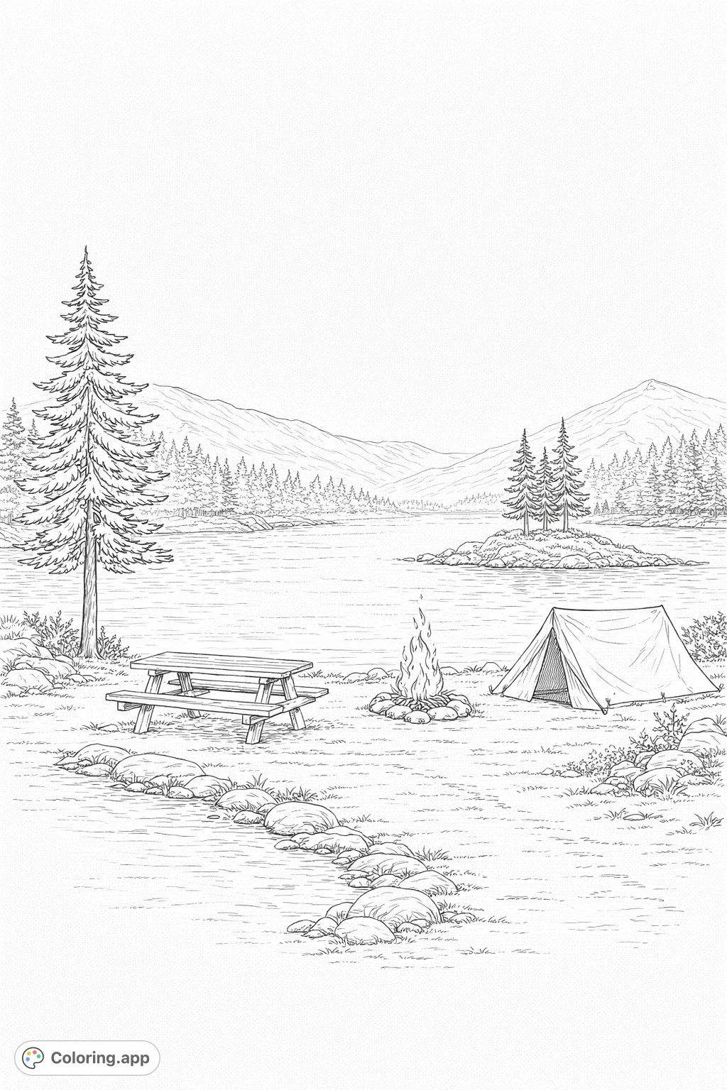 Explore a peaceful lakeside camping scene with a tent, crackling campfire, and picnic table amidst evergreen trees and majestic mountains. A perfect outdoor escape!