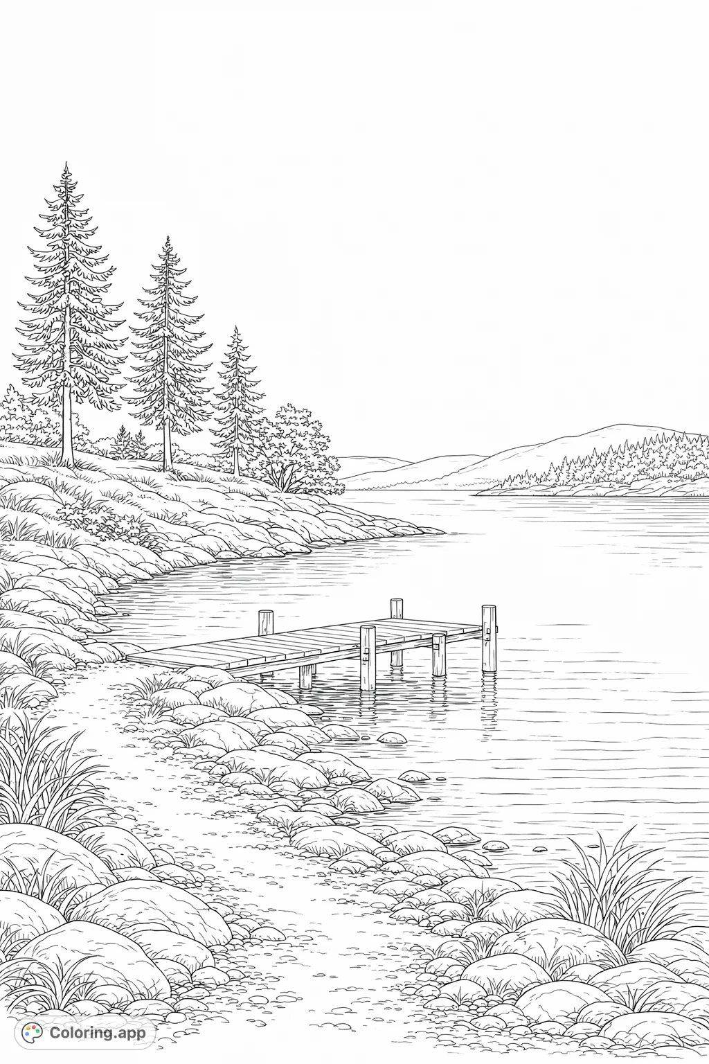 Explore a tranquil lakeside scene featuring a rustic wooden dock, rocky shores, and distant mountains. A detailed nature landscape coloring page.