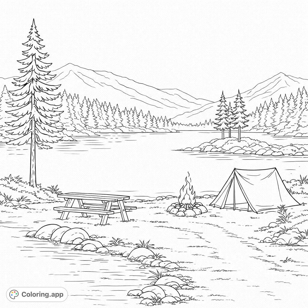 A peaceful lakeside camping scene with a tent, campfire, picnic table, and majestic mountains, offering a tranquil nature escape.