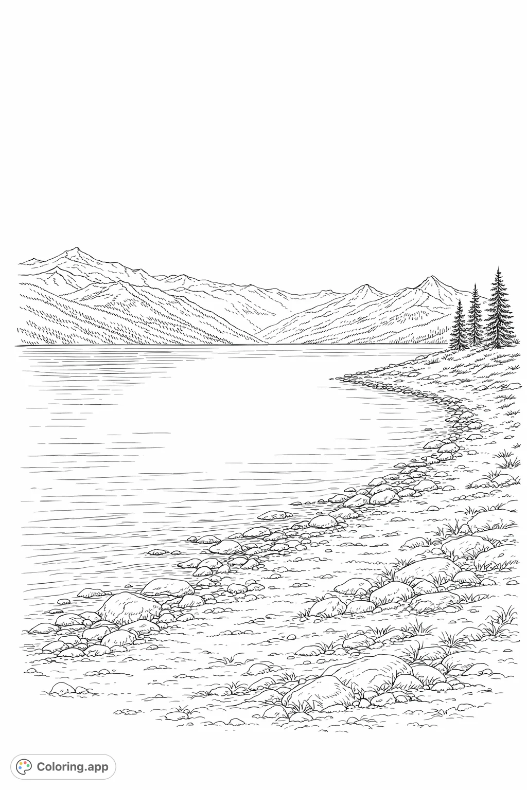 Immerse yourself in a realistic mountain lake coloring page. Features a serene lake, detailed rocky shore, and majestic mountains for a relaxing creative escape.