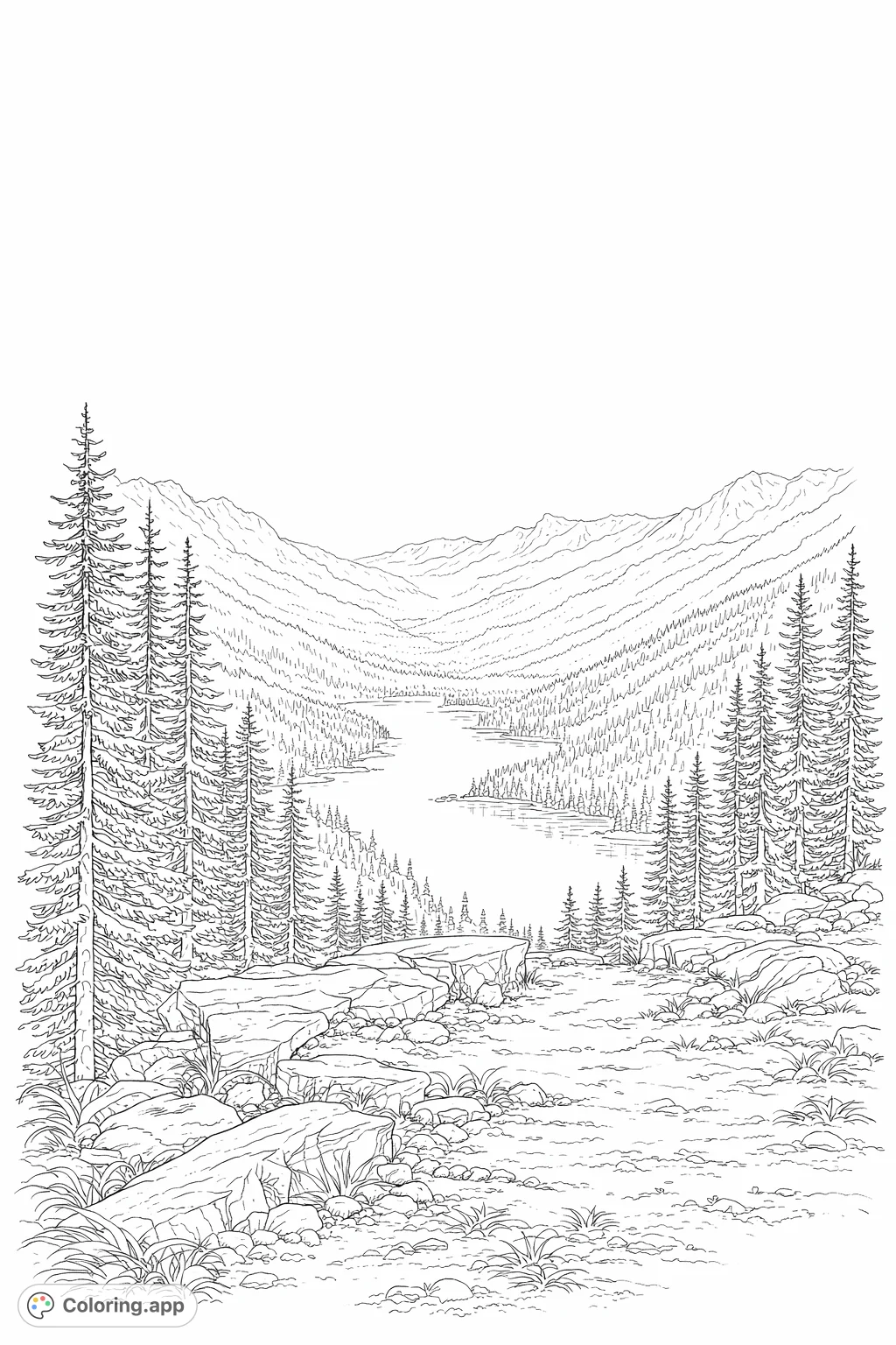 Explore a realistic mountain valley with a serene lake, dense forests, and rocky foreground. A challenging nature scene for detailed coloring.