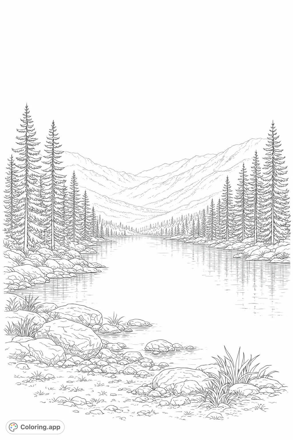 A peaceful landscape featuring a winding river, dense evergreen forests, and distant mountains. Perfect for relaxation and creative expression.