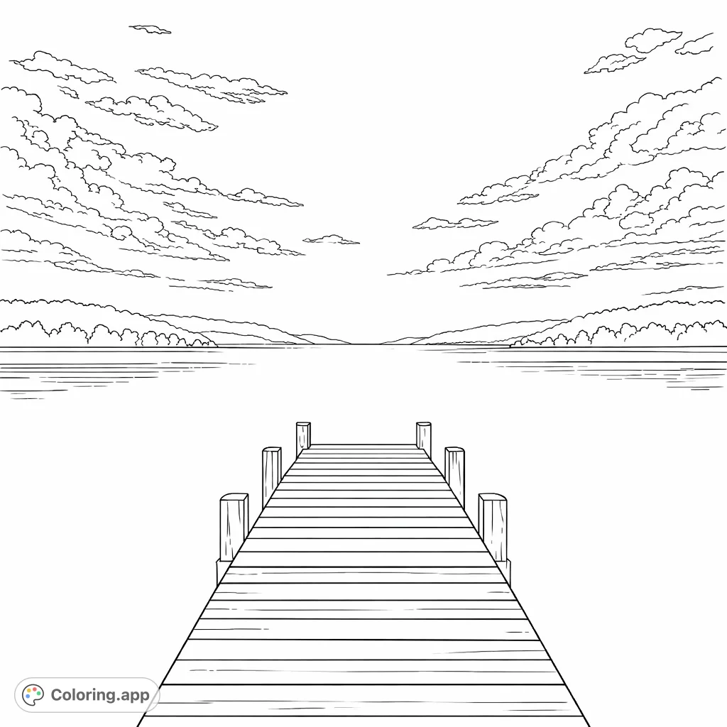 A tranquil lake scene featuring a long wooden dock stretching towards a distant horizon, framed by rolling hills and a cloudy sky. A calming nature escape.