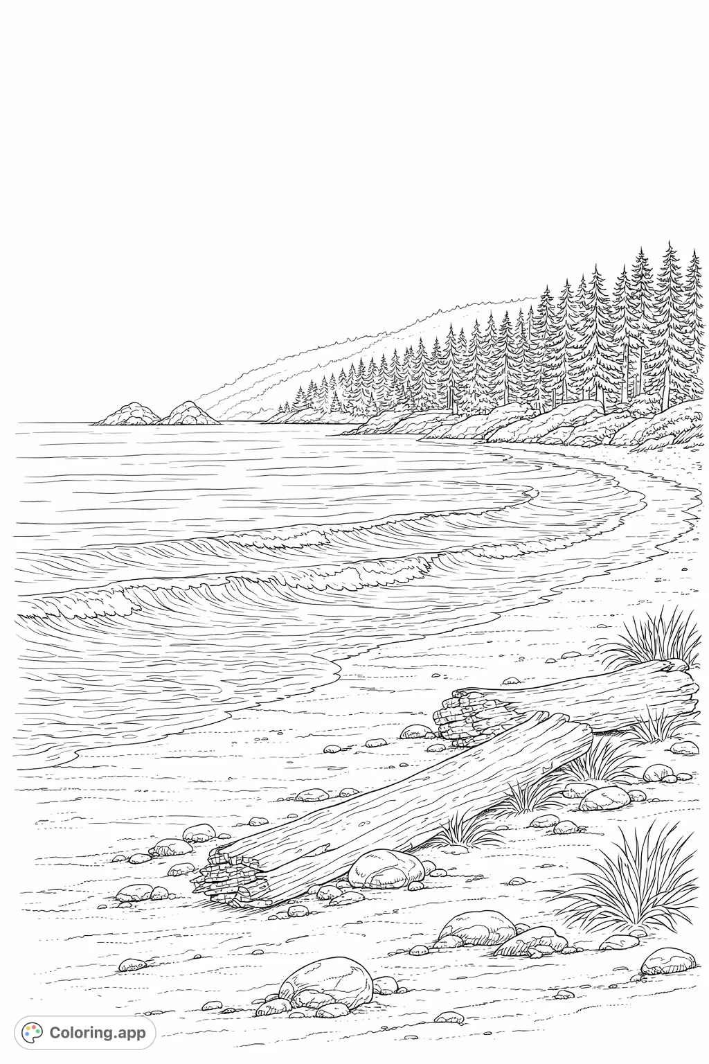 Explore a realistic coastal scene featuring a sandy beach, rolling waves, weathered driftwood, and a distant forested shoreline. Perfect for nature lovers.