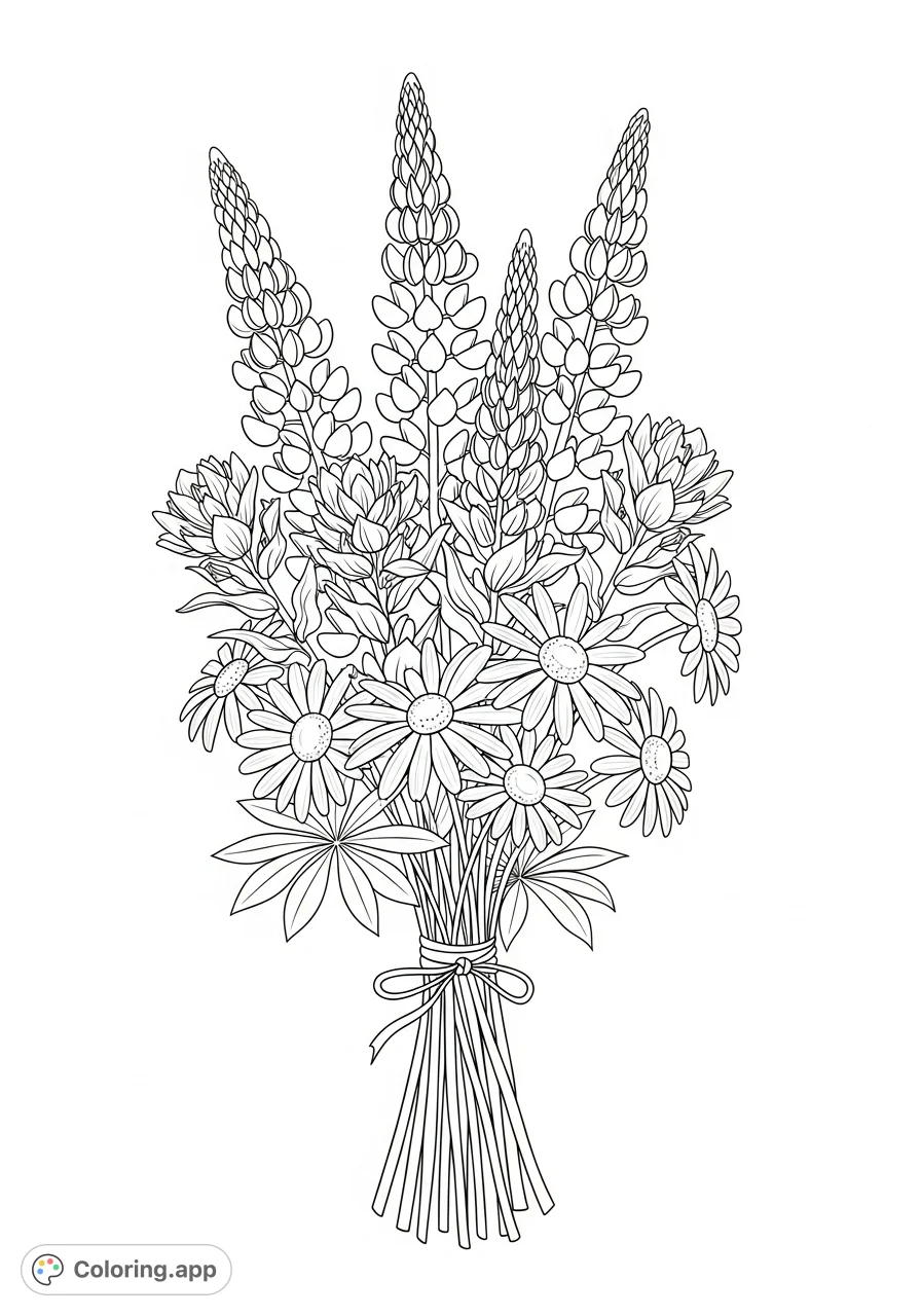 A charming wildflower bouquet featuring lupins, Indian paintbrush, and wild daisies, perfect for a peaceful and simple coloring experience.