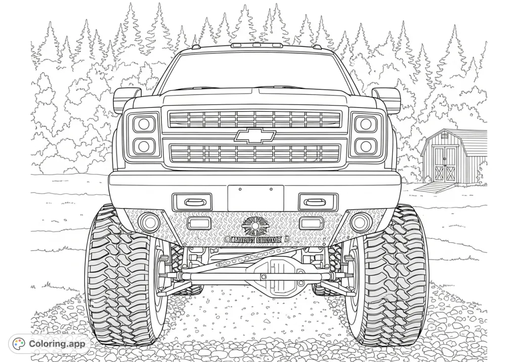 Commanding lifted truck with massive tires, prominent grille, and custom details, set against a backdrop of gravel, grass, and a dense forest. A powerful vehicle scene.