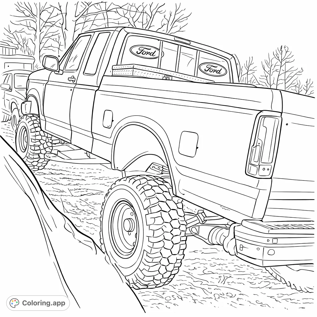 A powerful, lifted pickup truck ready for adventure. Features prominent tires, a toolbox, and a unique body finish.