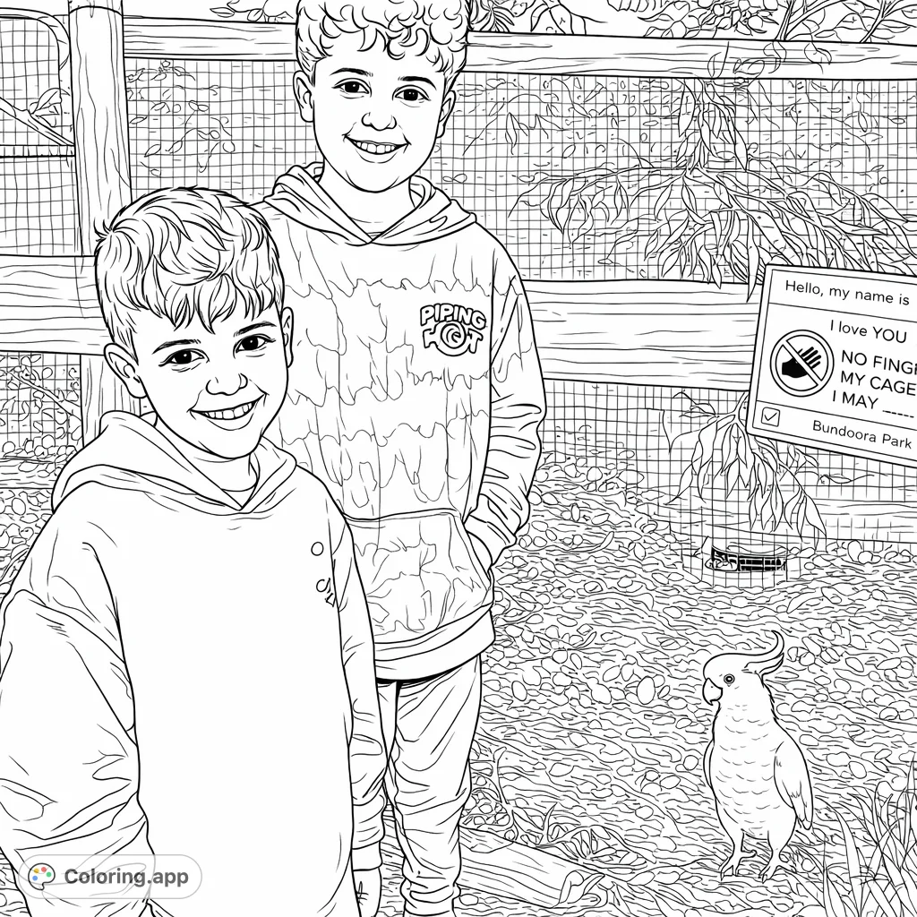 Two smiling boys pose in front of a wire fence at a park, with a unique crested bird nearby. A fun, engaging scene for all ages to color.