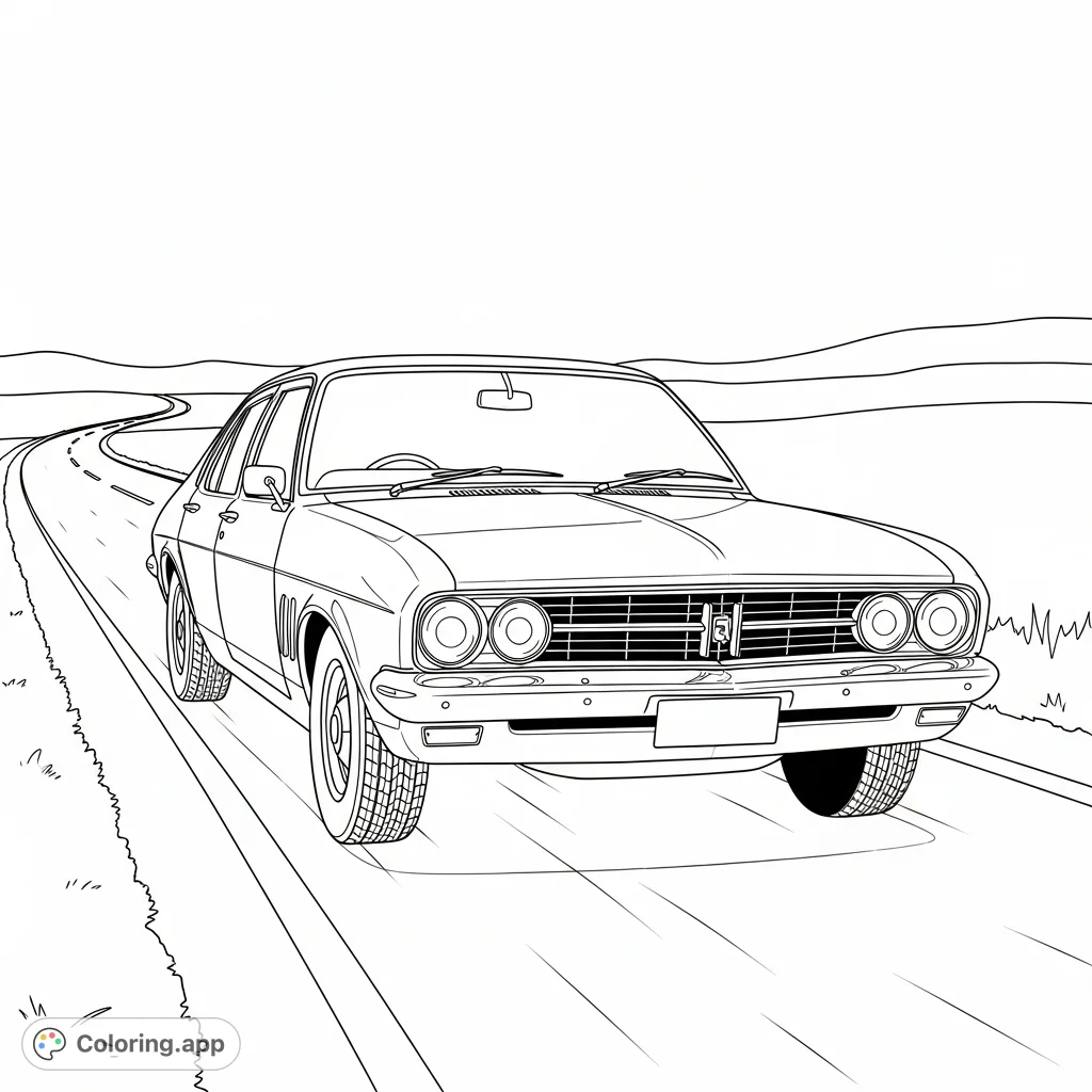 Color a classic Holden car cruising a vast open road. Perfect for vehicle enthusiasts to add custom details and bring this iconic automobile to life.