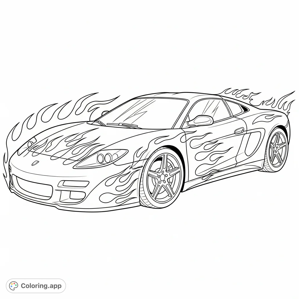 Ignite your creativity with this free printable sports car coloring page! A sleek, flaming vehicle awaits your artistic touch.