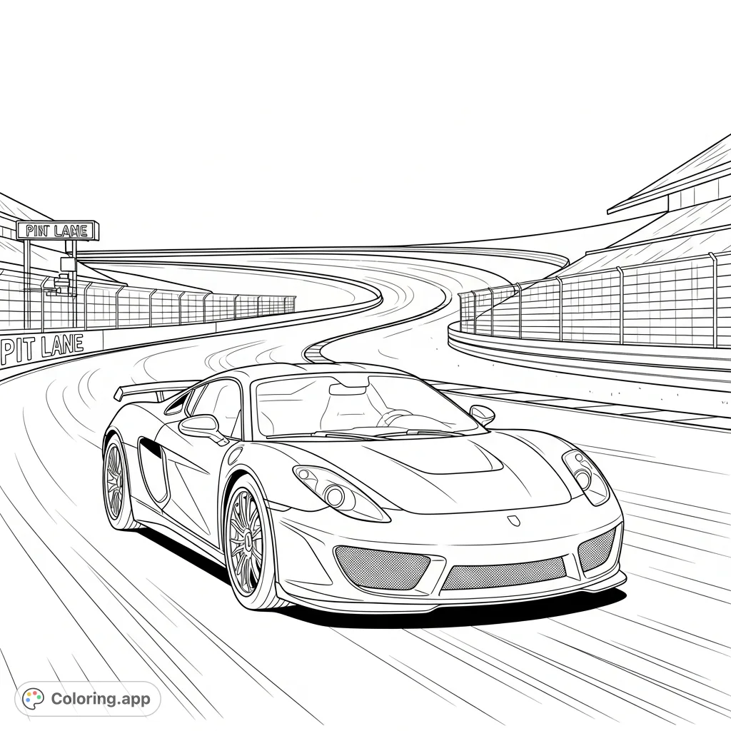 Experience the thrill of speed! Color a dynamic sports car racing on a professional track, perfect for car enthusiasts of all ages.