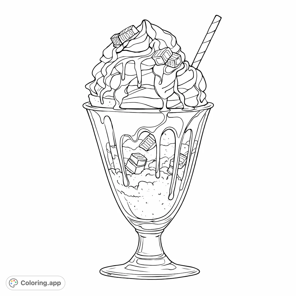Indulge in this delightful sundae coloring page, featuring swirls of whipped topping, chocolate drizzle, candy pieces, and a striped straw in a classic glass.