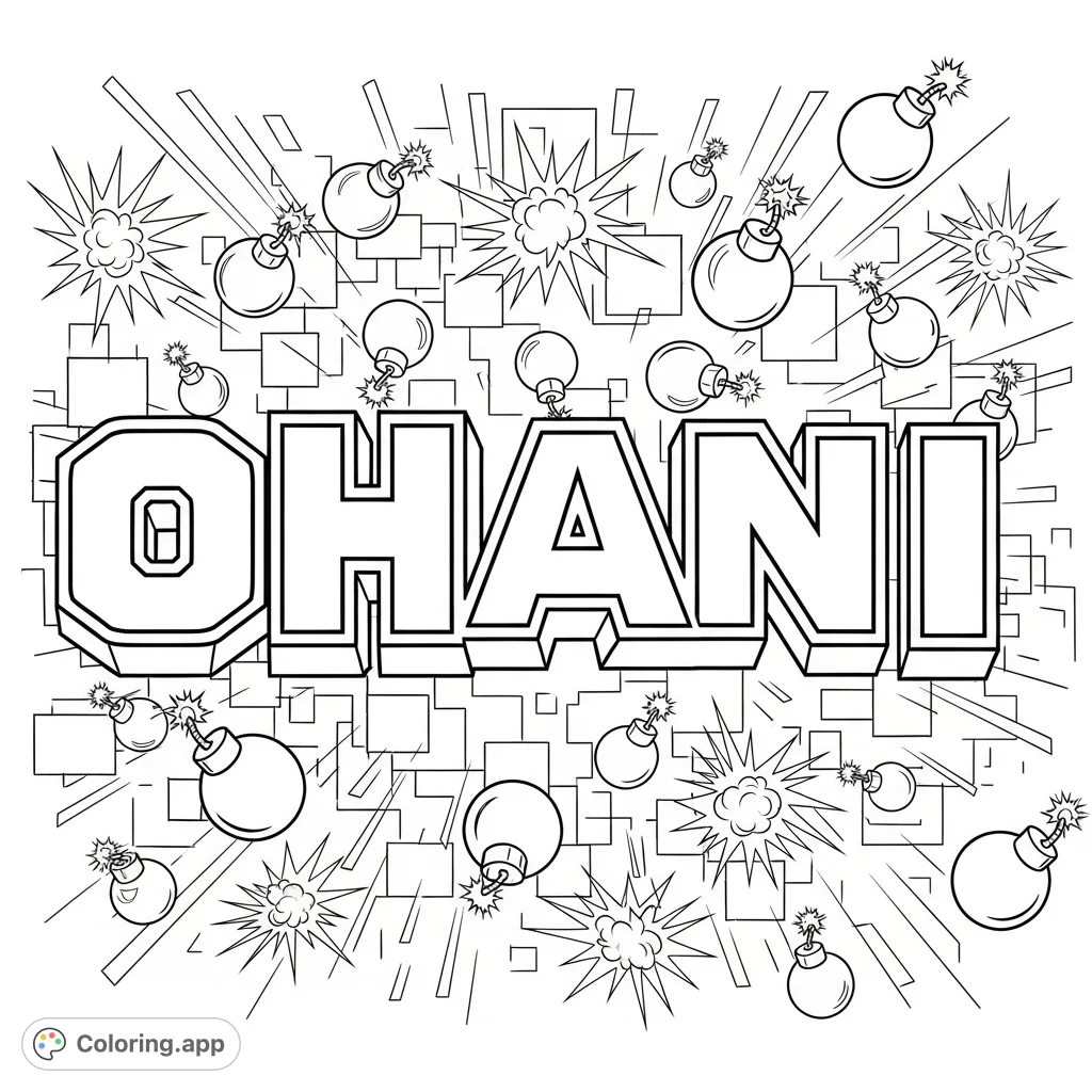 Explosive 'OHANI' lettering in a dynamic Bomberman video game style, surrounded by bombs, explosions, and a geometric grid background.