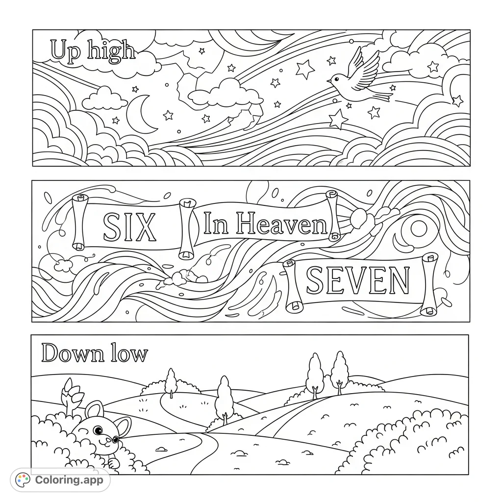Dive into a unique 'Up high, down low, in Heaven' coloring page. Celestial elements, earthly scenes, and the numbers SIX & SEVEN offer creative fun.