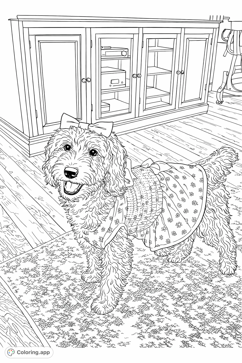 A delightful fluffy dog in a charming floral dress with a bow, ready for a fun day. Perfect for pet lovers and those who enjoy whimsical animal scenes.