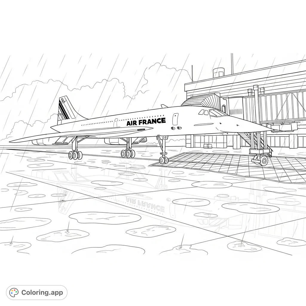 A detailed Air France Concorde coloring page, featuring the iconic jet parked on a rainy tarmac with an aerobridge connected, perfect for aviation enthusiasts.