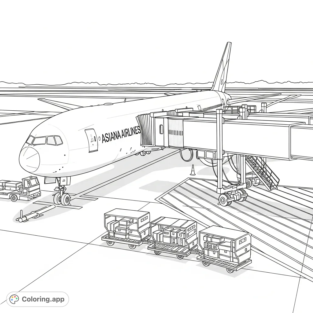 Color a detailed Asiana Airlines 777-200ER at the airport gate, featuring a connected jet bridge and an active baggage cart on the tarmac. Perfect for aviation enthusiasts.