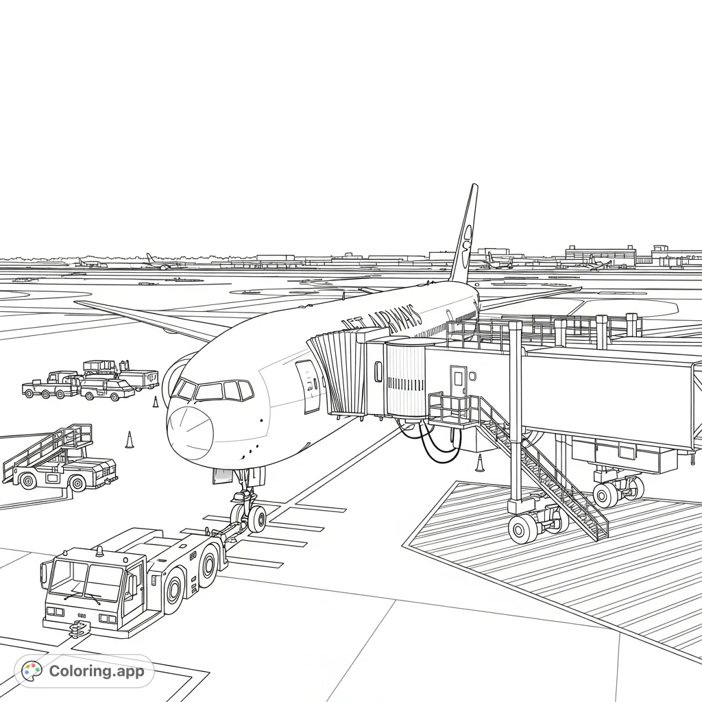 A detailed Jet Airways Boeing 777 coloring page. Features a parked aircraft, connected aerobridge, and a tug vehicle on a bustling airport tarmac.