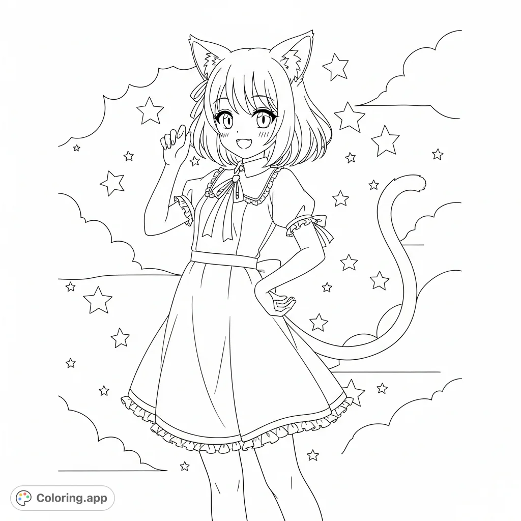 A charming anime girl with cat ears and tail in a playful pose. Her cheerful expression and simple dress invite creative coloring and fun.