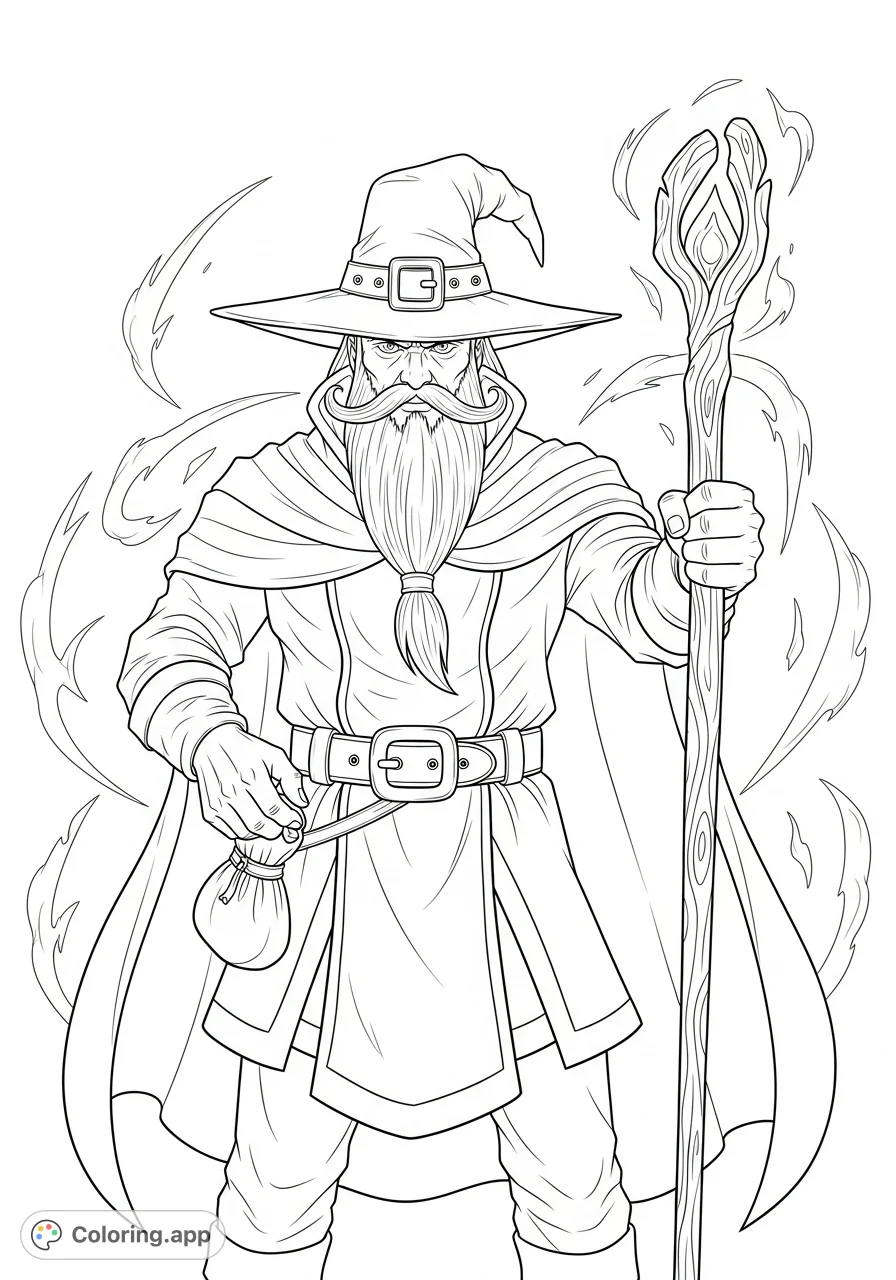 Unleash your creativity with this regal wizard coloring page, featuring a powerful figure, flowing beard, mystical staff, and dynamic magic.