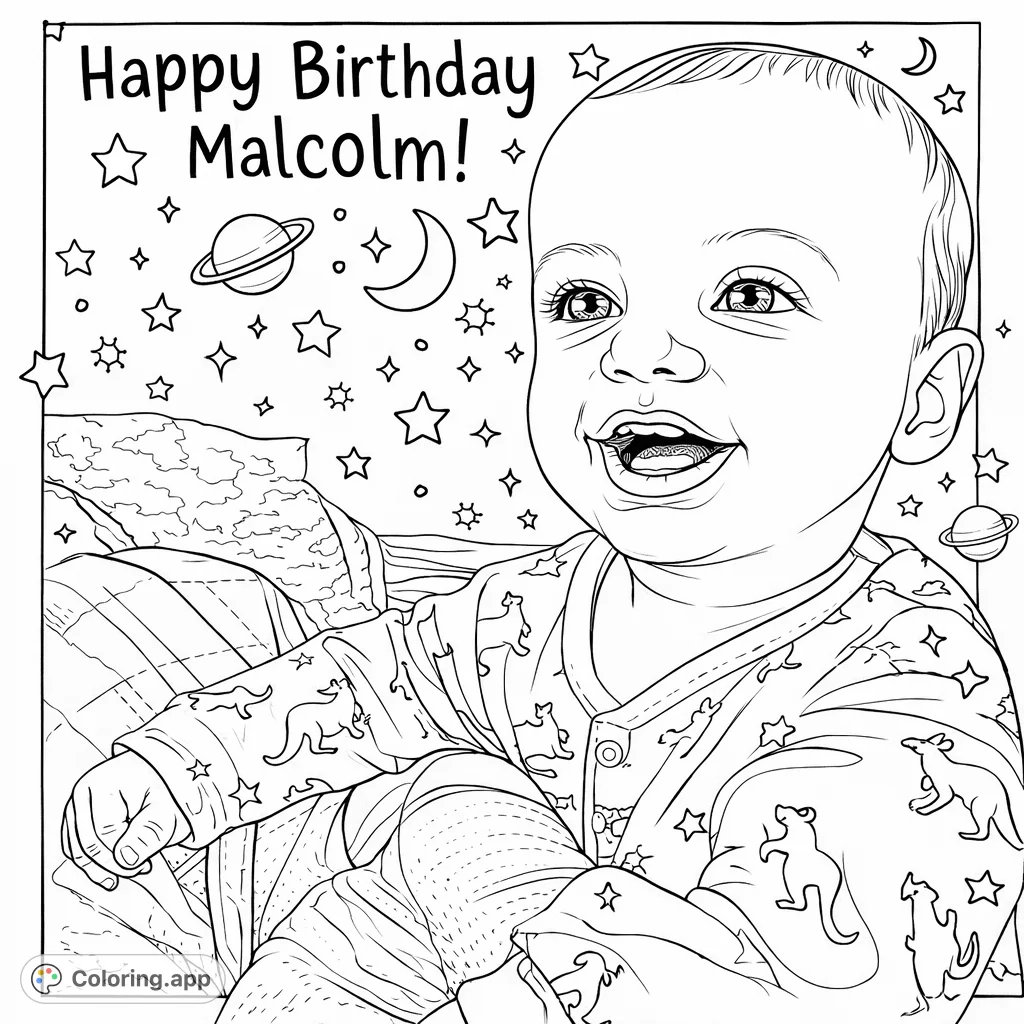 Celebrate Malcolm's birthday with this adorable baby coloring page featuring stars and celestial elements. A free printable full of joy and wonder!