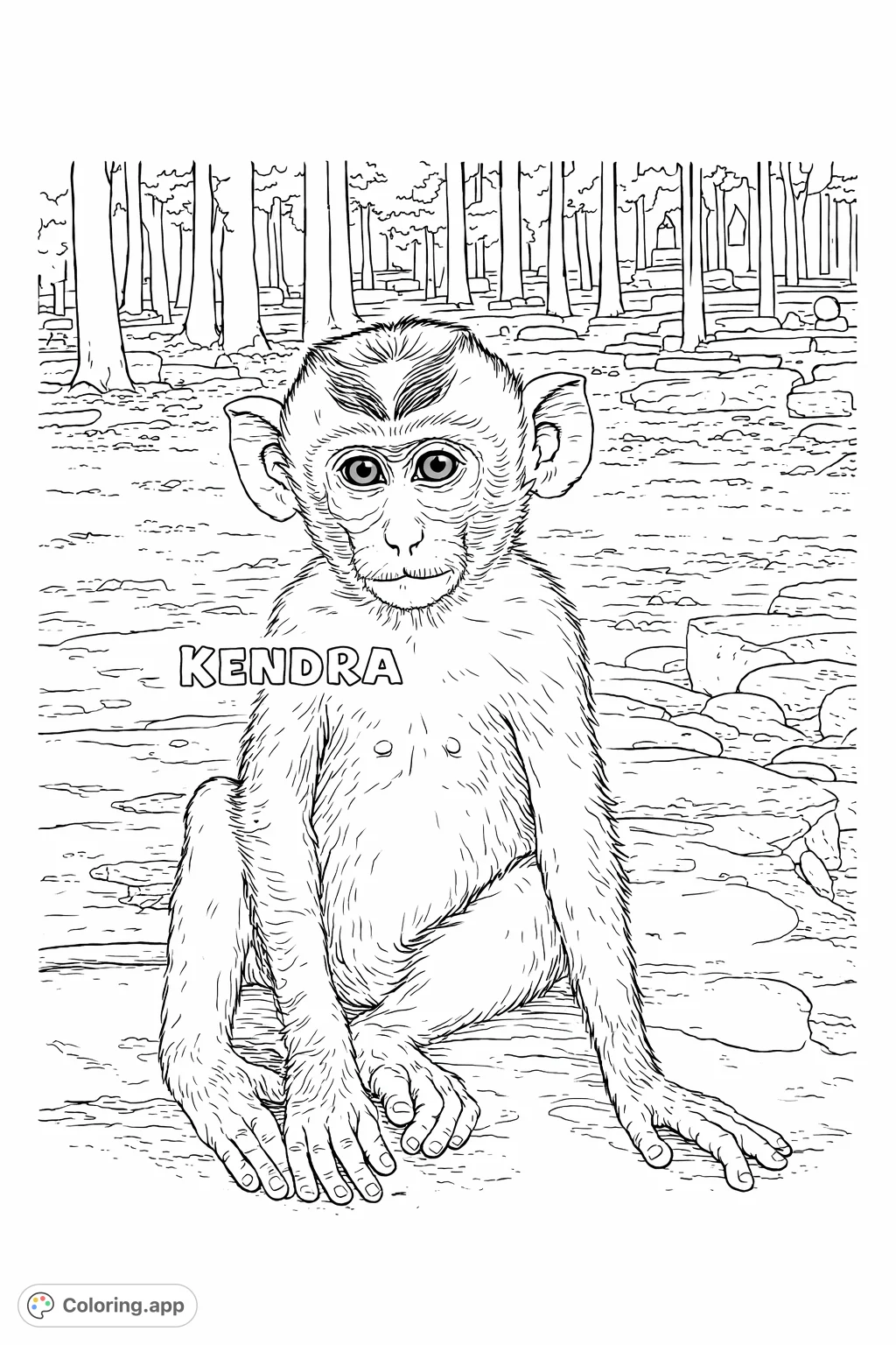 A captivating young monkey sits on ancient stones, its curious gaze inviting you to add vibrant life to this detailed scene of nature and history.