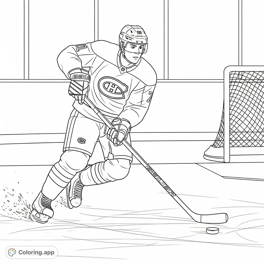 Dynamic Cole Caufield coloring page featuring the Montreal Canadiens player in action on the ice, stick poised for a shot. Perfect for hockey fans!