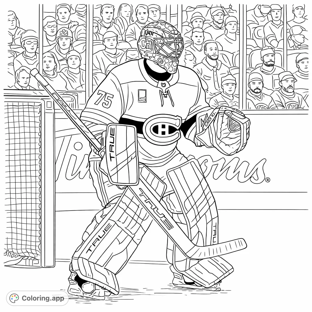 Dynamic hockey goalie in full uniform, ready for the game. Intricate gear details and arena background provide an exciting sports coloring page.