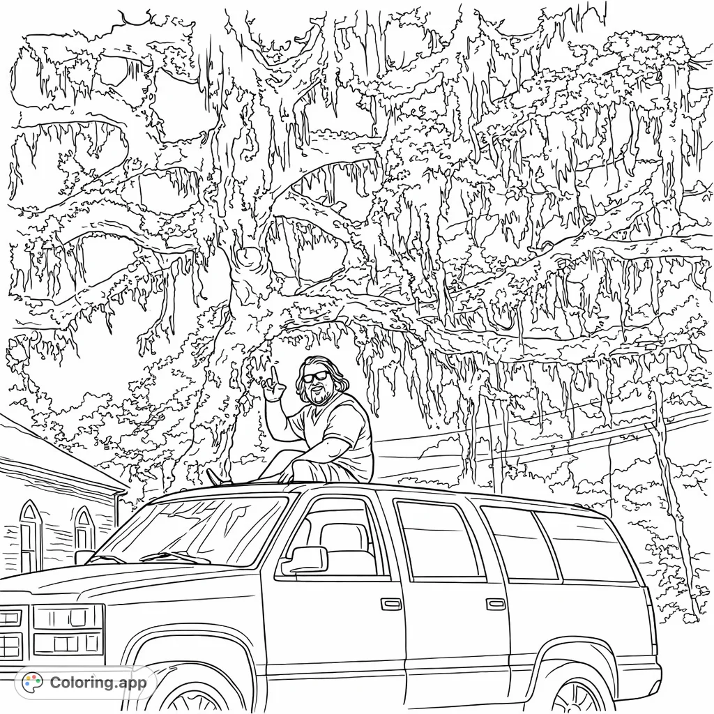A cool man sits atop his SUV under a magnificent moss-draped tree, creating an engaging scene perfect for a detailed coloring adventure.
