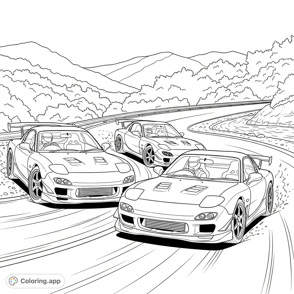Experience the thrill of a high-speed mountain race as two custom Mazda RX-7s battle for the lead on a winding North Carolina road. Dynamic action awaits!