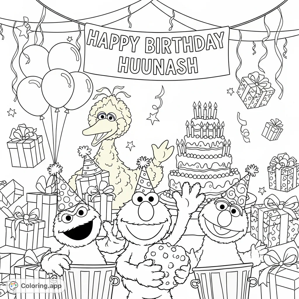 Join Elmo, Cookie Monster, Big Bird, and Oscar for a lively Sesame Street birthday party scene, complete with cake, gifts, and a "Happy Birthday Huunash" banner.