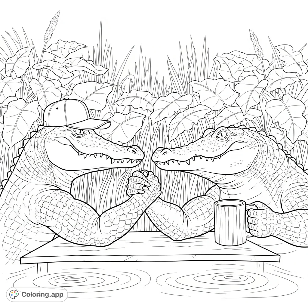Dynamic alligator arm wrestling scene featuring a hat-wearing gator and a coffee-sipping opponent. A fun, detailed challenge for all ages.