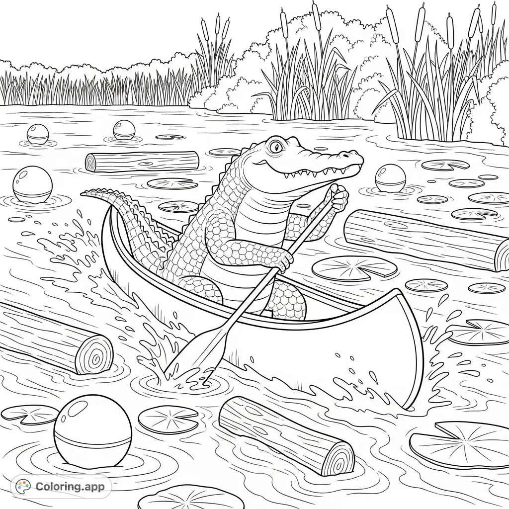 An adventurous alligator paddles a canoe through a challenging river obstacle course, surrounded by buoys, logs, and lily pads. A fun and unique scene!