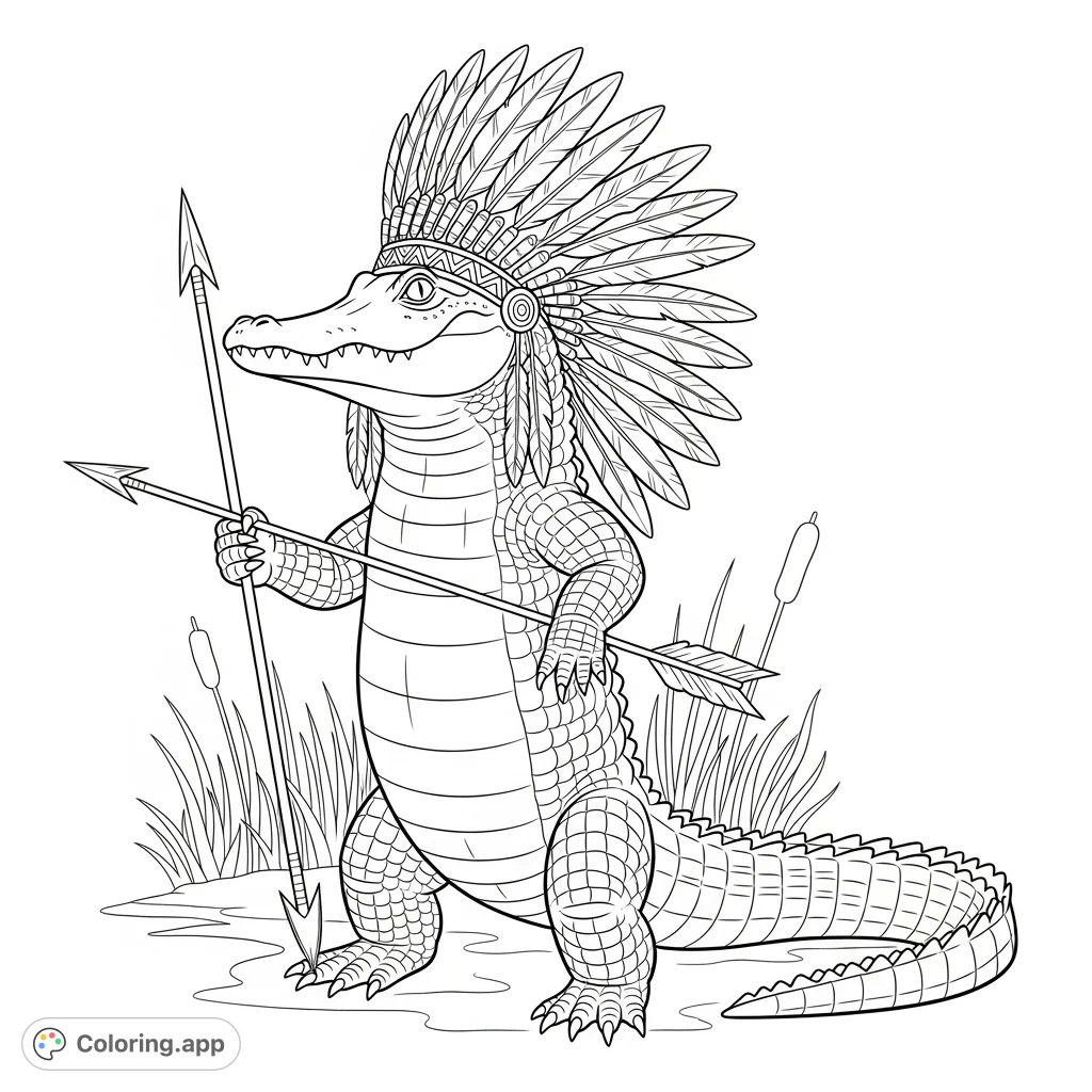 An imposing alligator chief stands tall, adorned in a magnificent feathered headdress and holding an arrow. A unique character for creative coloring adventures!