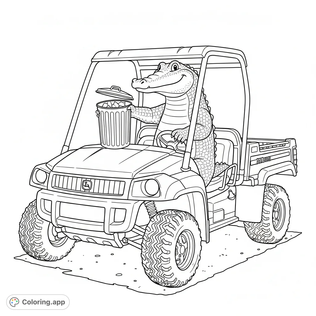 An adventurous alligator takes the wheel of a John Deere Gator, trash can in hand. A whimsical scene for animal and vehicle enthusiasts.