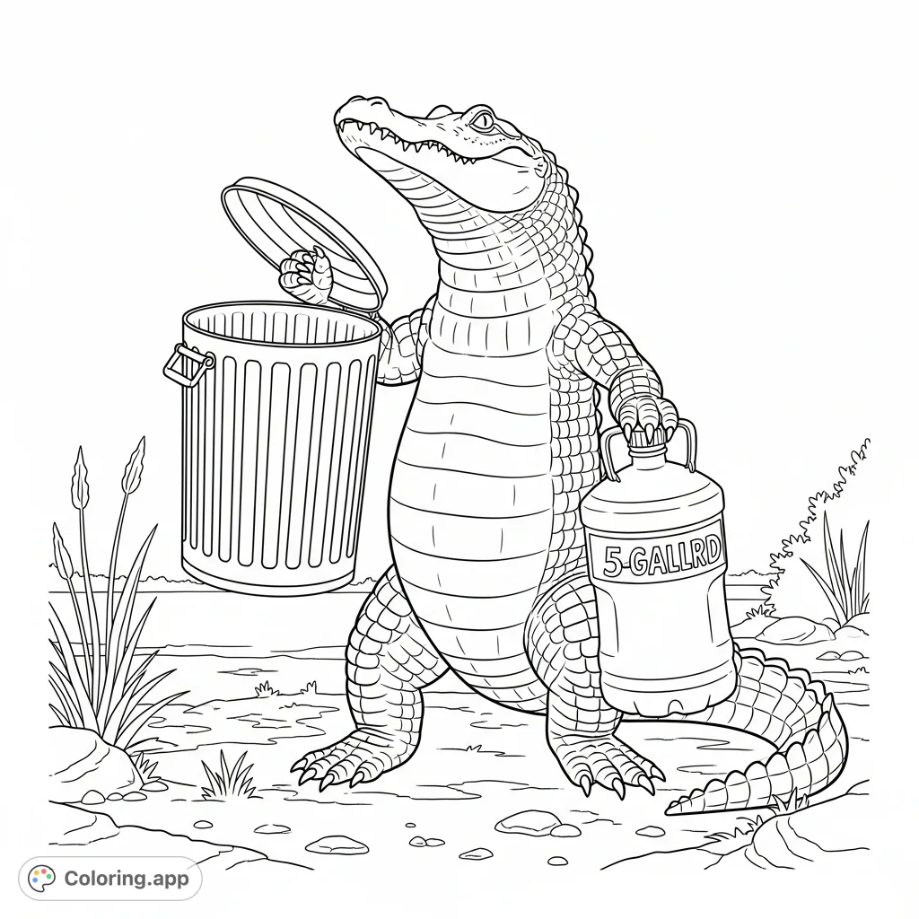 A unique alligator cleanup coloring page featuring an alligator standing on its hind legs, picking up a trash can and a 5-gallon water cooler.