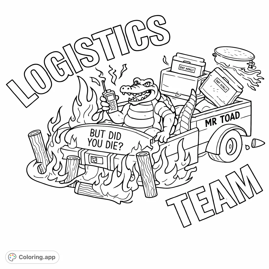 A fierce alligator drives a flaming utility vehicle, surrounded by coolers and text, perfect for those who conquer challenges with a grin.