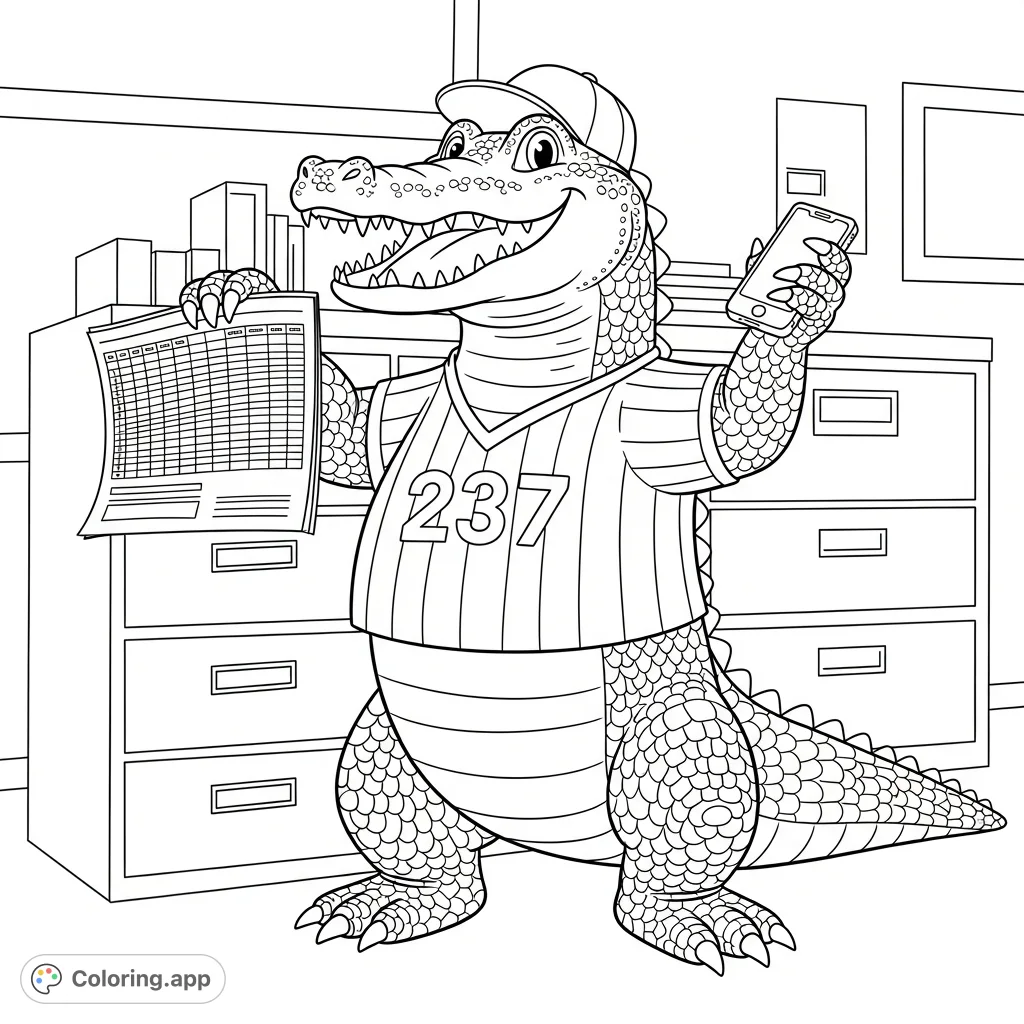 Color a friendly alligator wearing a jersey and cap, holding a spreadsheet and cellphone, grinning broadly in an office setting. Fun for all ages!