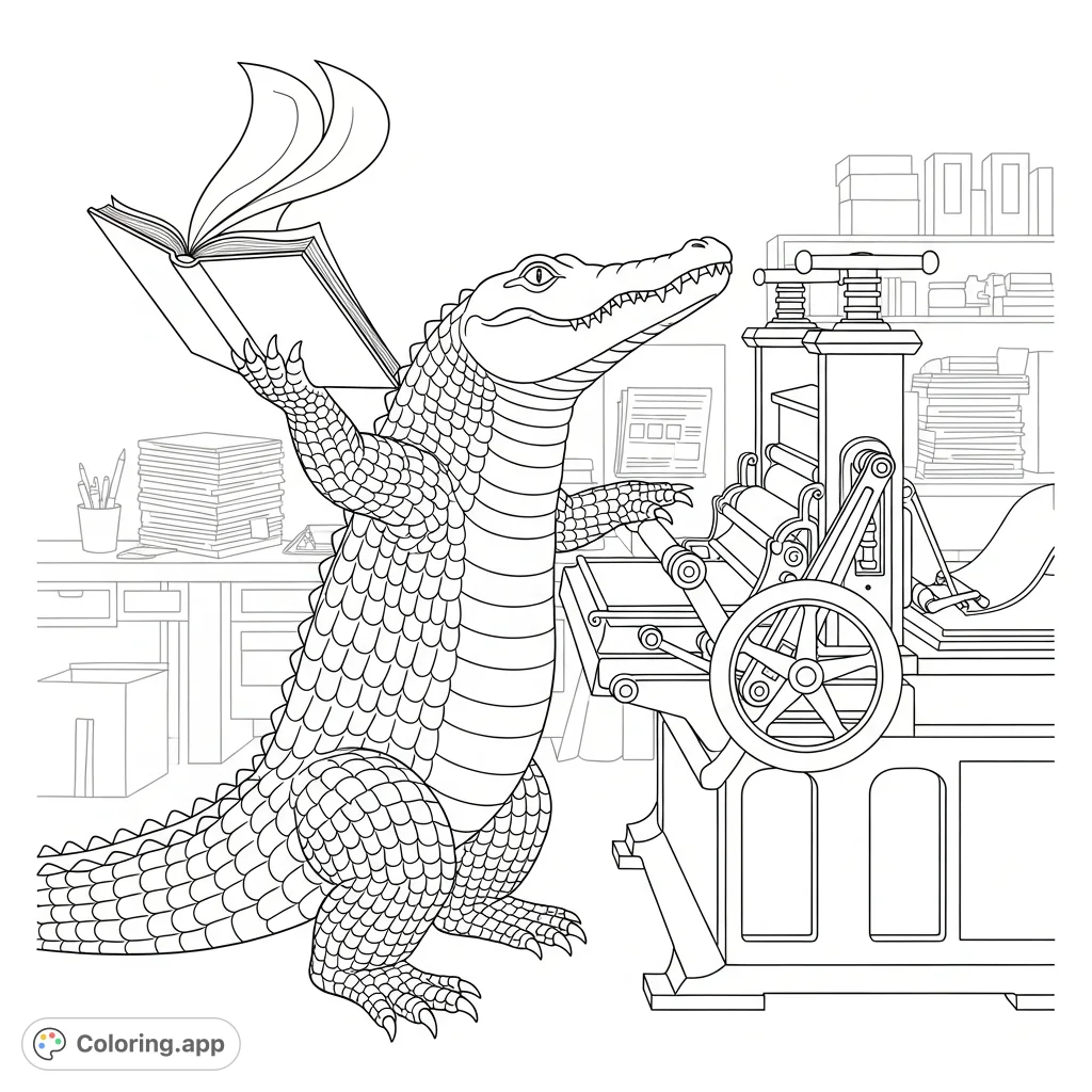 An intelligent alligator operates a vintage printing press, holding an opened book. Explore intricate scales and classic machinery in this unique coloring page.