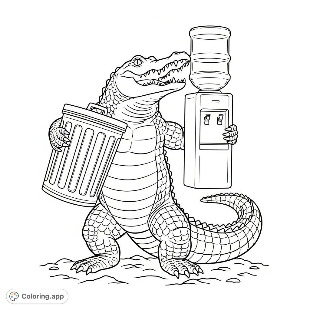 Witness a powerful alligator showcasing its strength, lifting a trash can and a water cooler. A unique and engaging coloring page for all ages!