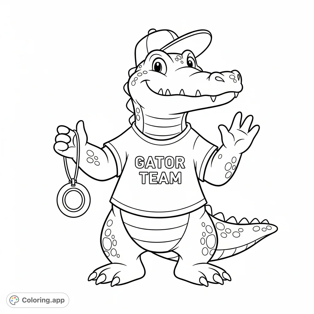 Show your team spirit with this fun alligator coloring page! A friendly gator in a team T-shirt and baseball hat waves a pendant, ready for game day.