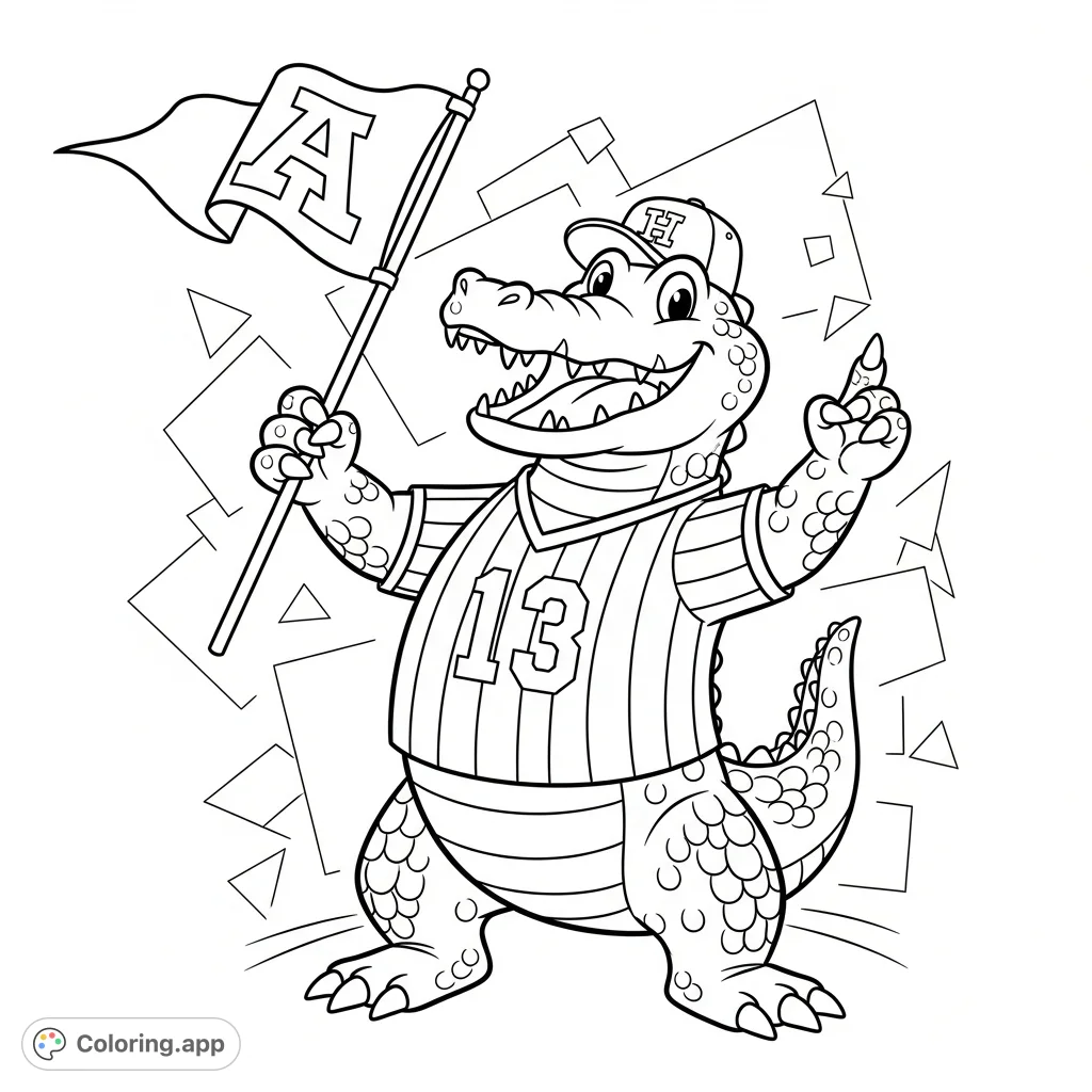 A cheerful alligator mascot in a striped jersey and cap, waving a pennant, embodying enthusiastic team spirit. Perfect for sports fans!