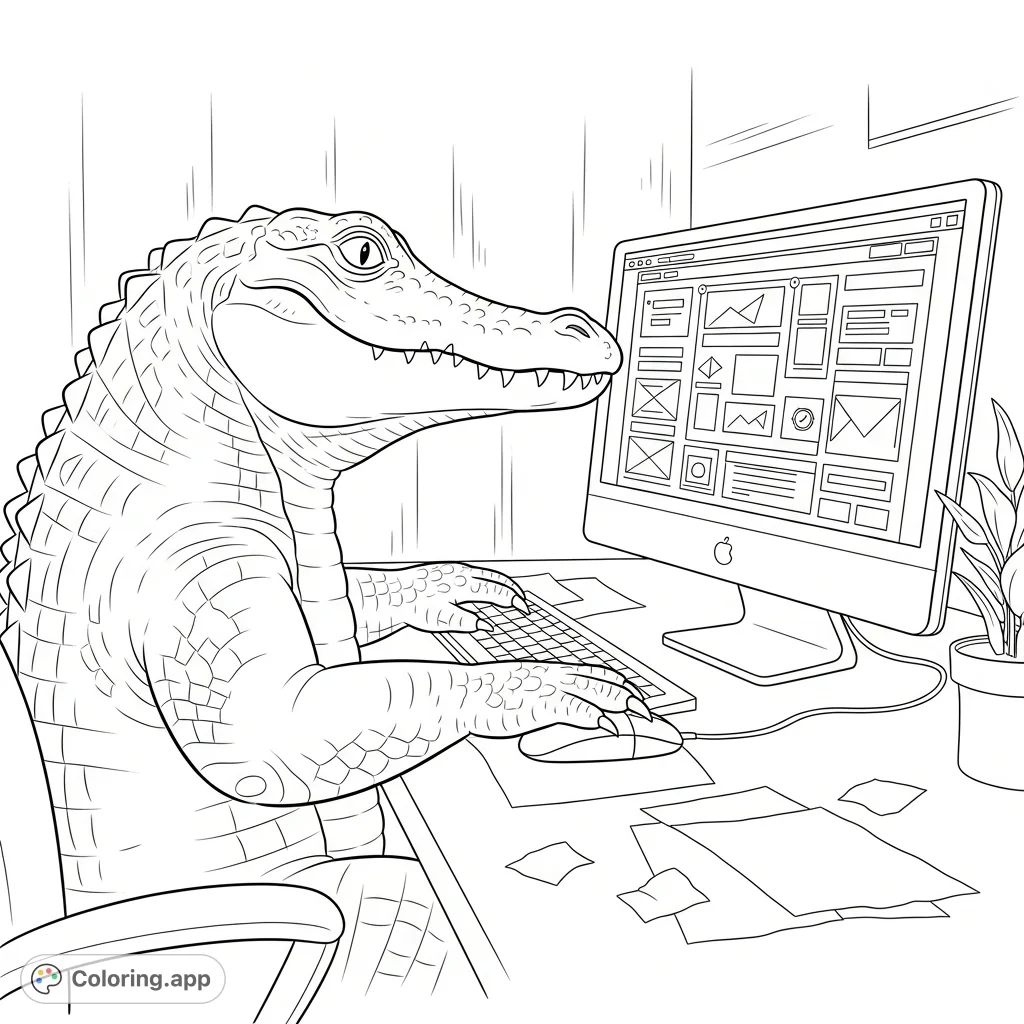A fun alligator coloring page! See a focused gator designing a website on a computer, complete with keyboard, mouse, and screen details.
