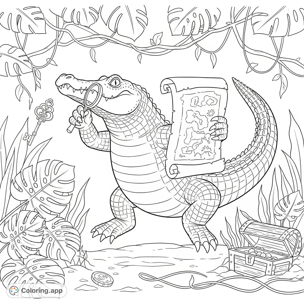 An adventurous alligator, map and magnifying glass in hand, explores a leafy swamp on a thrilling scavenger hunt, seeking hidden clues and a buried treasure chest.