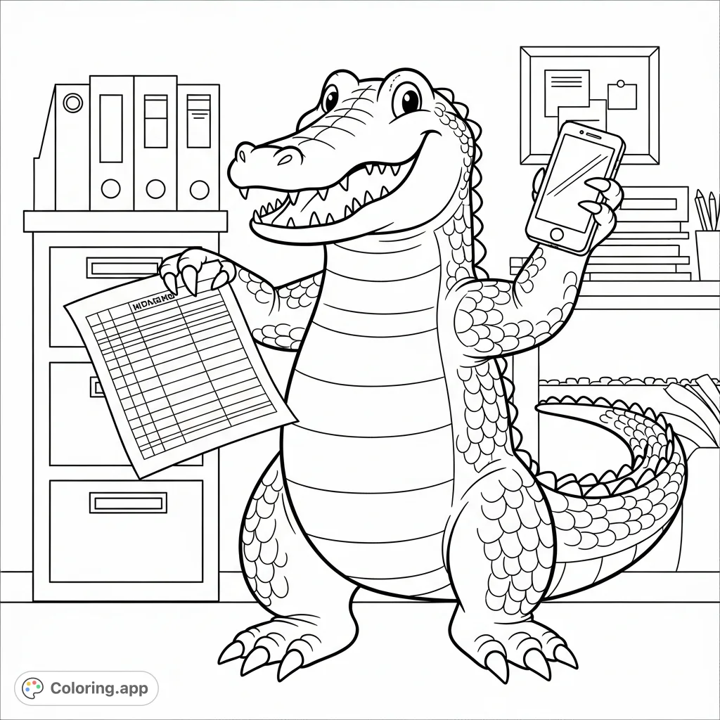 A friendly, grinning alligator stands upright in an office, holding a spreadsheet and cellphone. Perfect for a fun, unique coloring challenge!