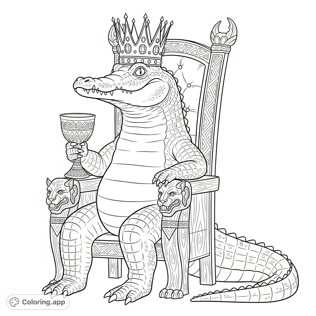 A majestic alligator king, complete with an ornate crown, sits on a grand throne, holding a royal goblet. A fun and unique coloring page for all ages.